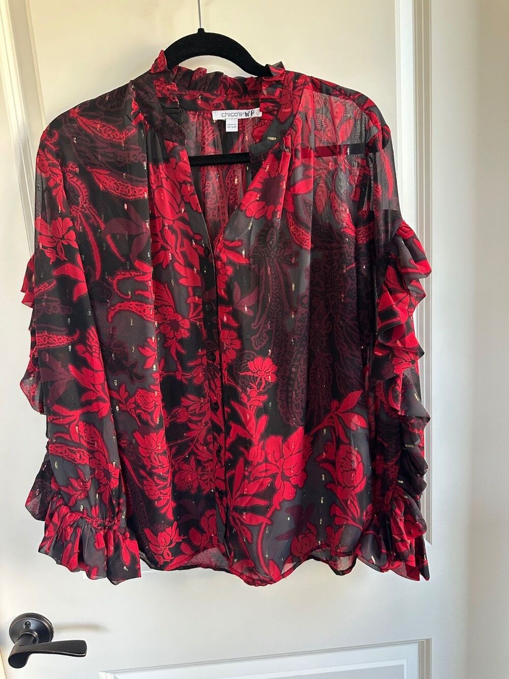 Chico's Sheer Black & Red Blouse with Ruffle Sleeves Chico’s 2 (Large / US 12)